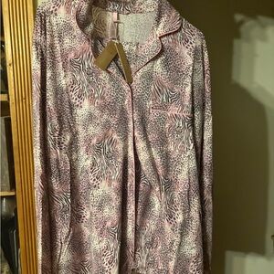 SKIMS Pink and White Animal Print Satin Pajama Top